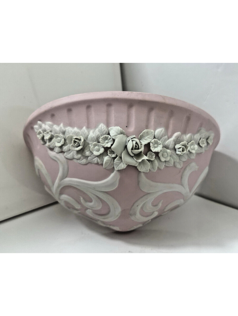 Vintage Ardalt Japan Pink Porcelain Wall Pocket Planter Basin Flowers 1950s